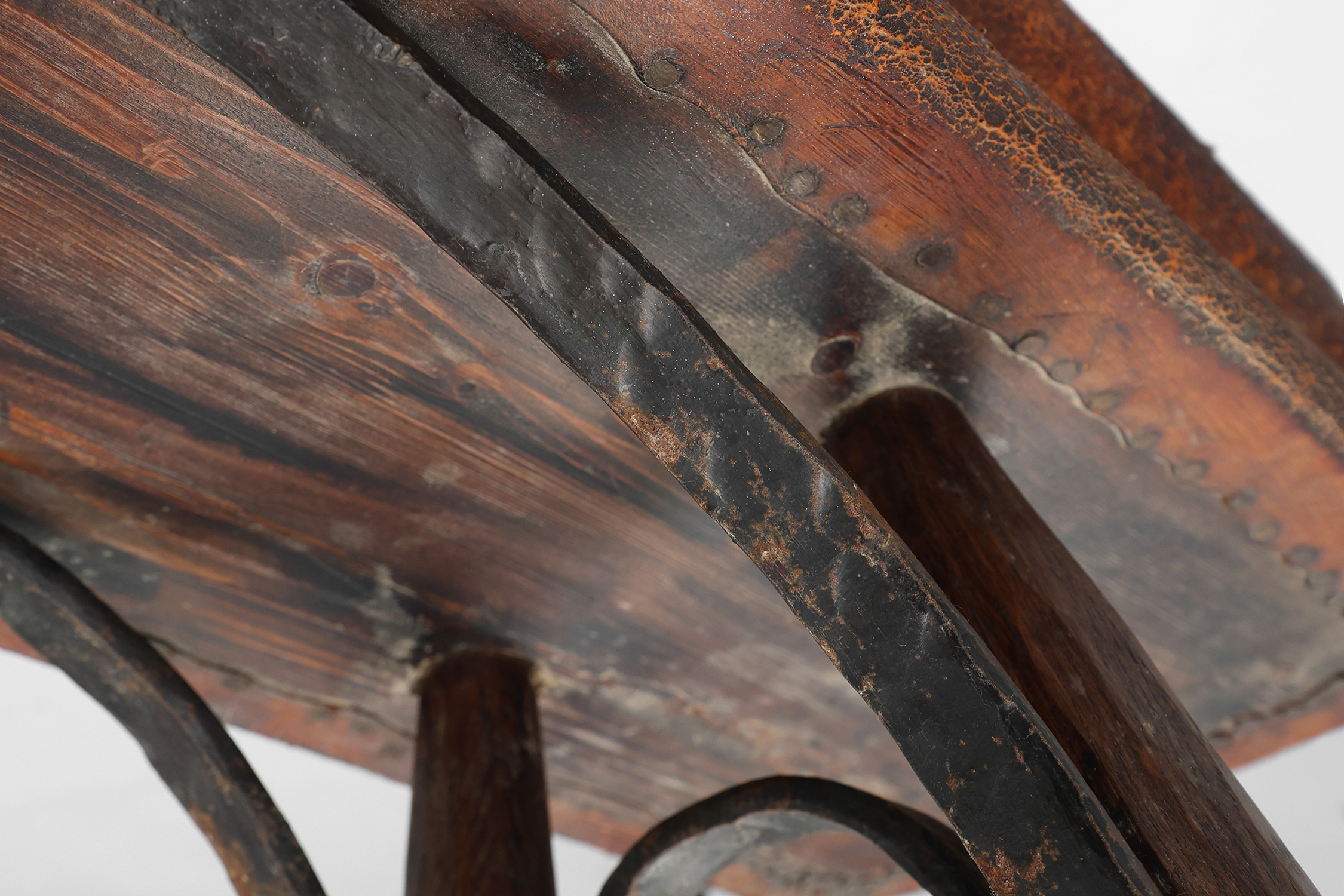 Two rare industrial gym benches in oak and wrought iron with leather topthumbnail